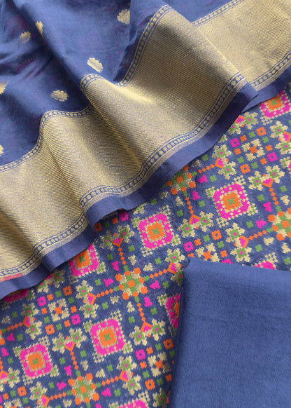 Blue Handwoven Unstitched Patola Suit in Pure Cotton