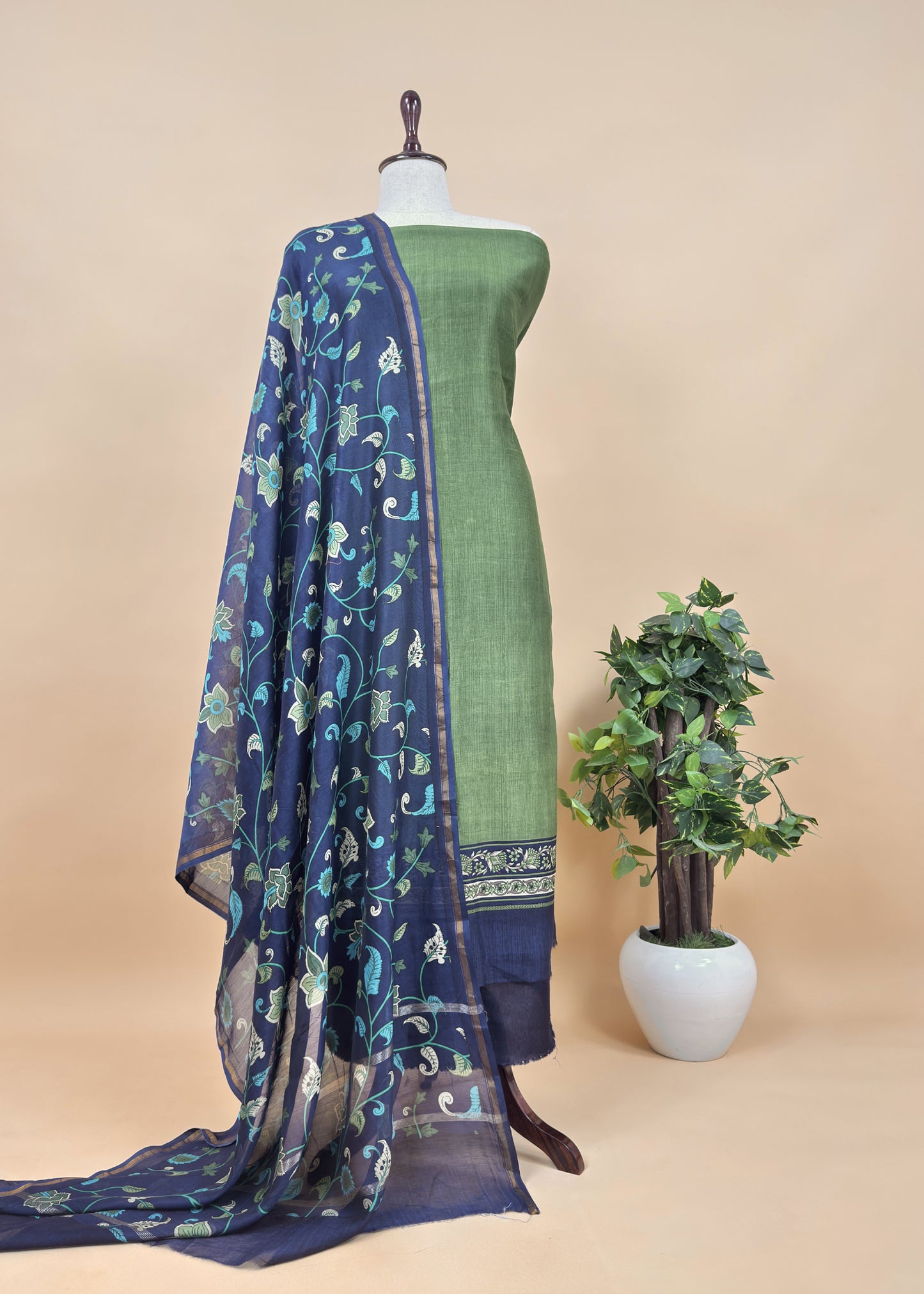 Caramel And Brown Kalamkari Print Pure Maheshwari Silk Suit With Dupatta