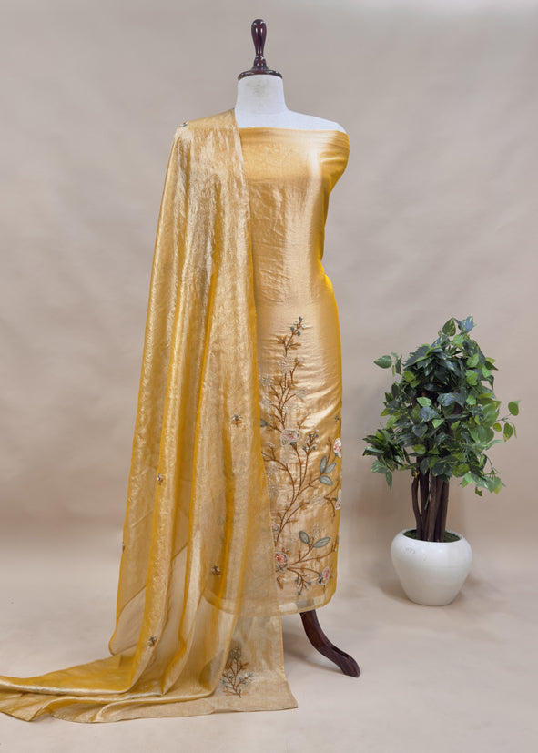 Red Tissue Silk Suit With Thread Embroidery And Patch Work