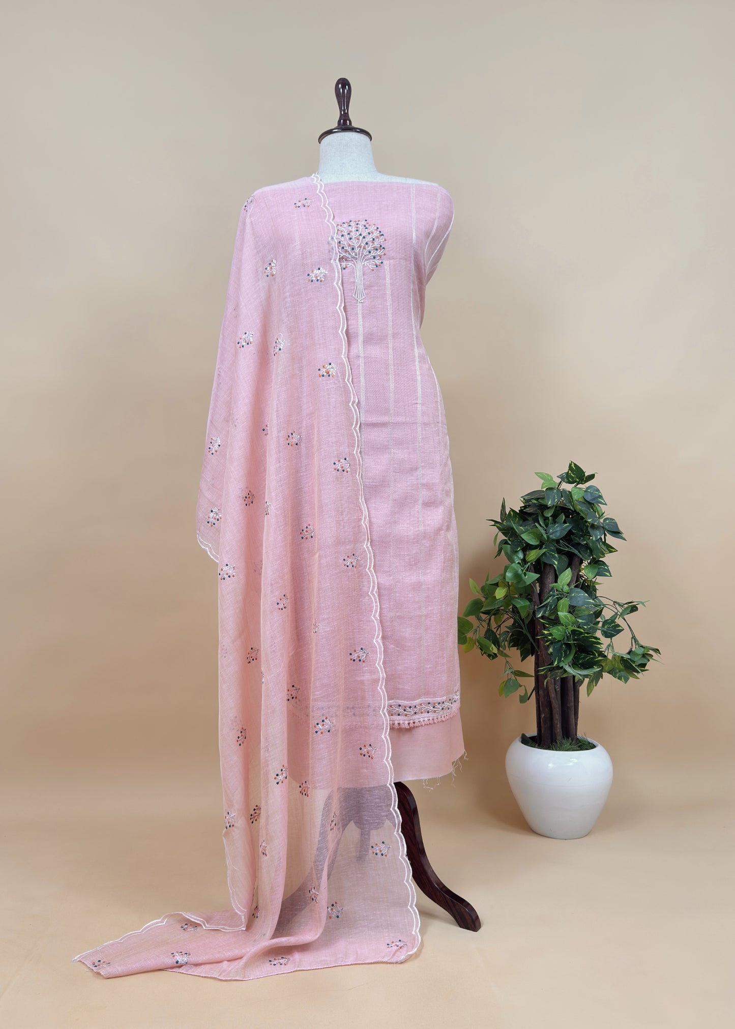 Pastel Green Linen Suit Fabric With Embroidery