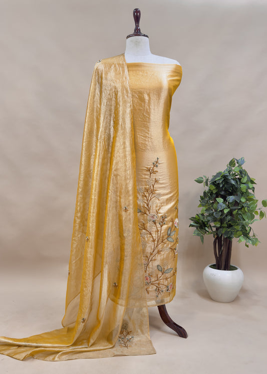 Yellow Tissue Silk Suit With Thread Embroidery And Patch Work