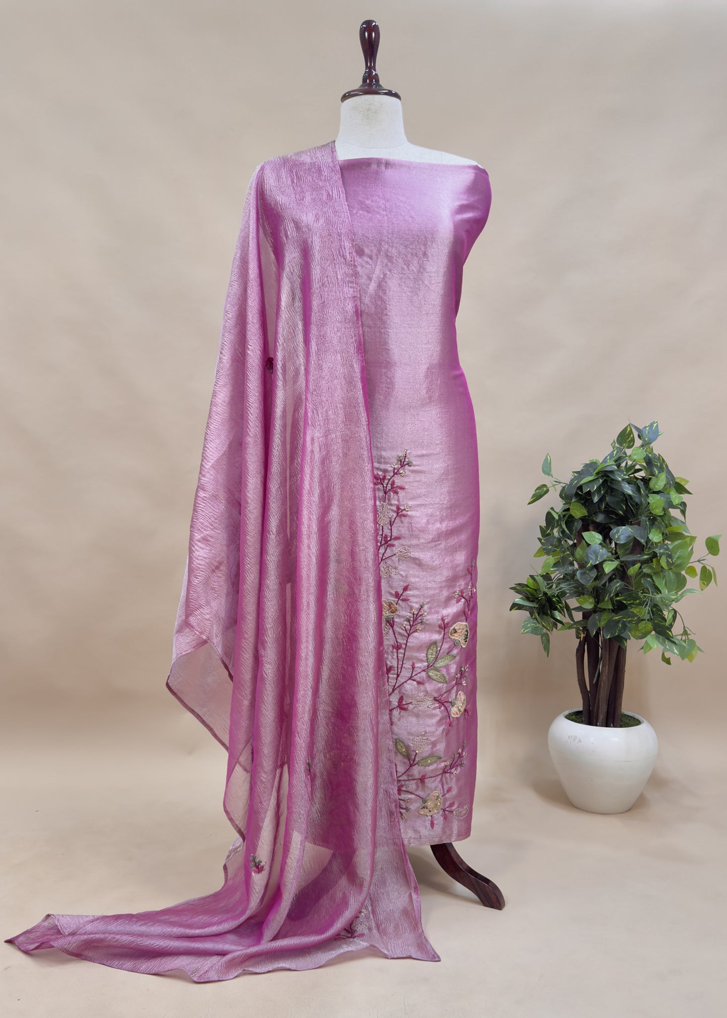 Purple Tissue Silk Suit With Thread Embroidery And Patch Work