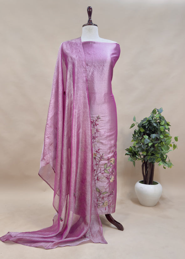 Red Tissue Silk Suit With Thread Embroidery And Patch Work
