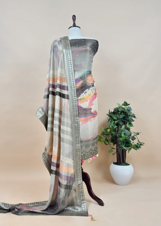 Beige Abstract Print Tissue Unstitched Suit With Zari Weaving