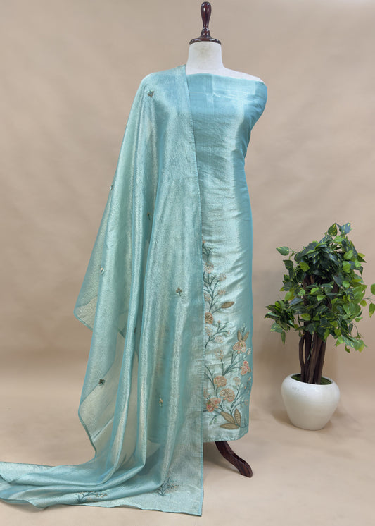 Blue Tissue Silk Suit With Thread Embroidery And Patch Work