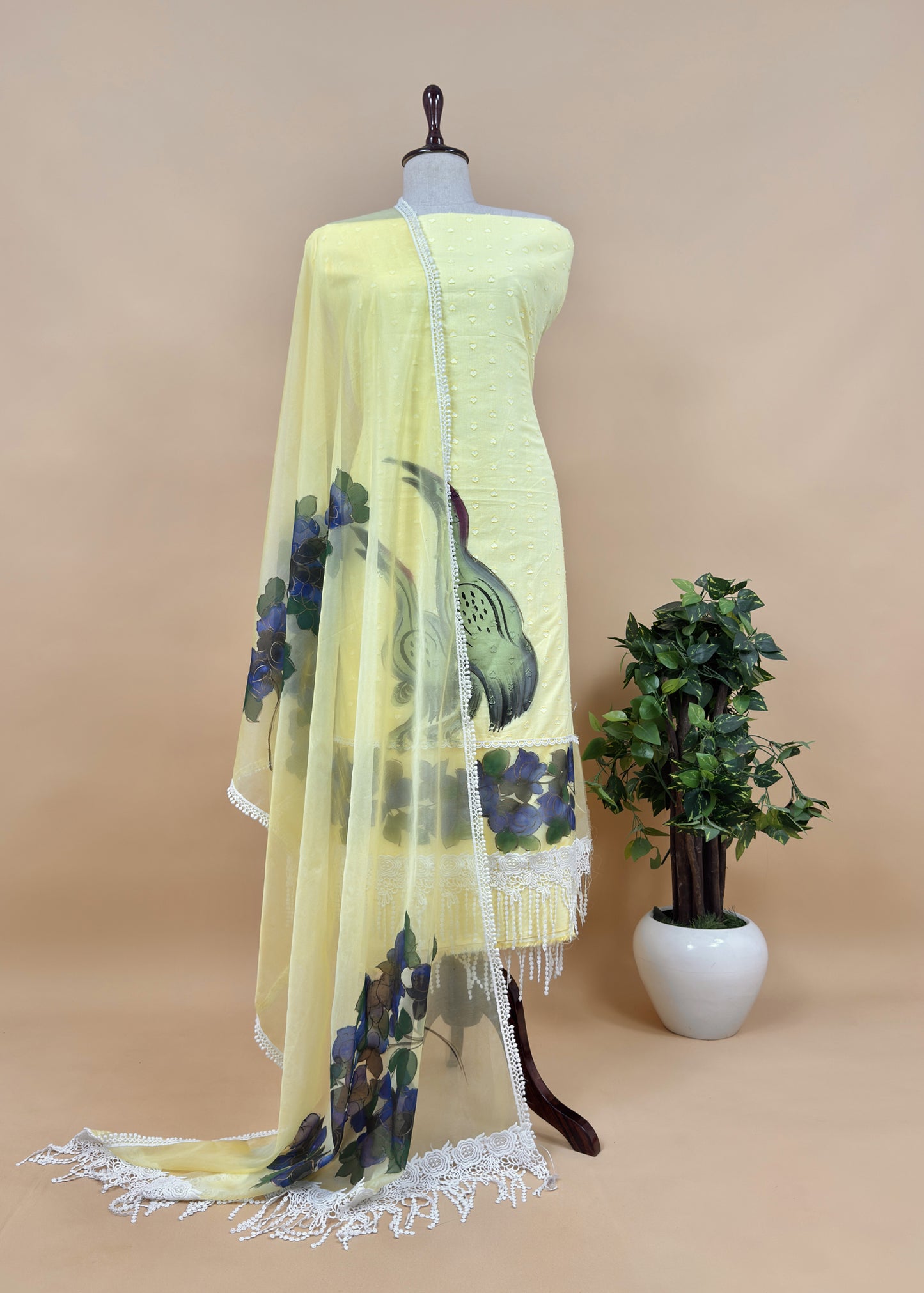Yellow Pakistani Unstitched Suit In Mulmul Cotton With Organza Dupatta