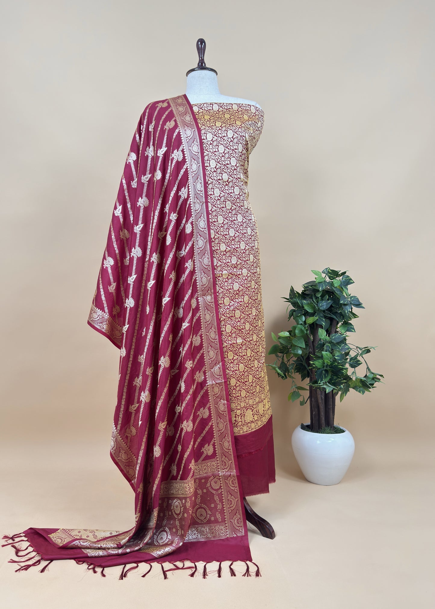 Maroon Banarasi Brocade Silk kurta With Silk Dupatta