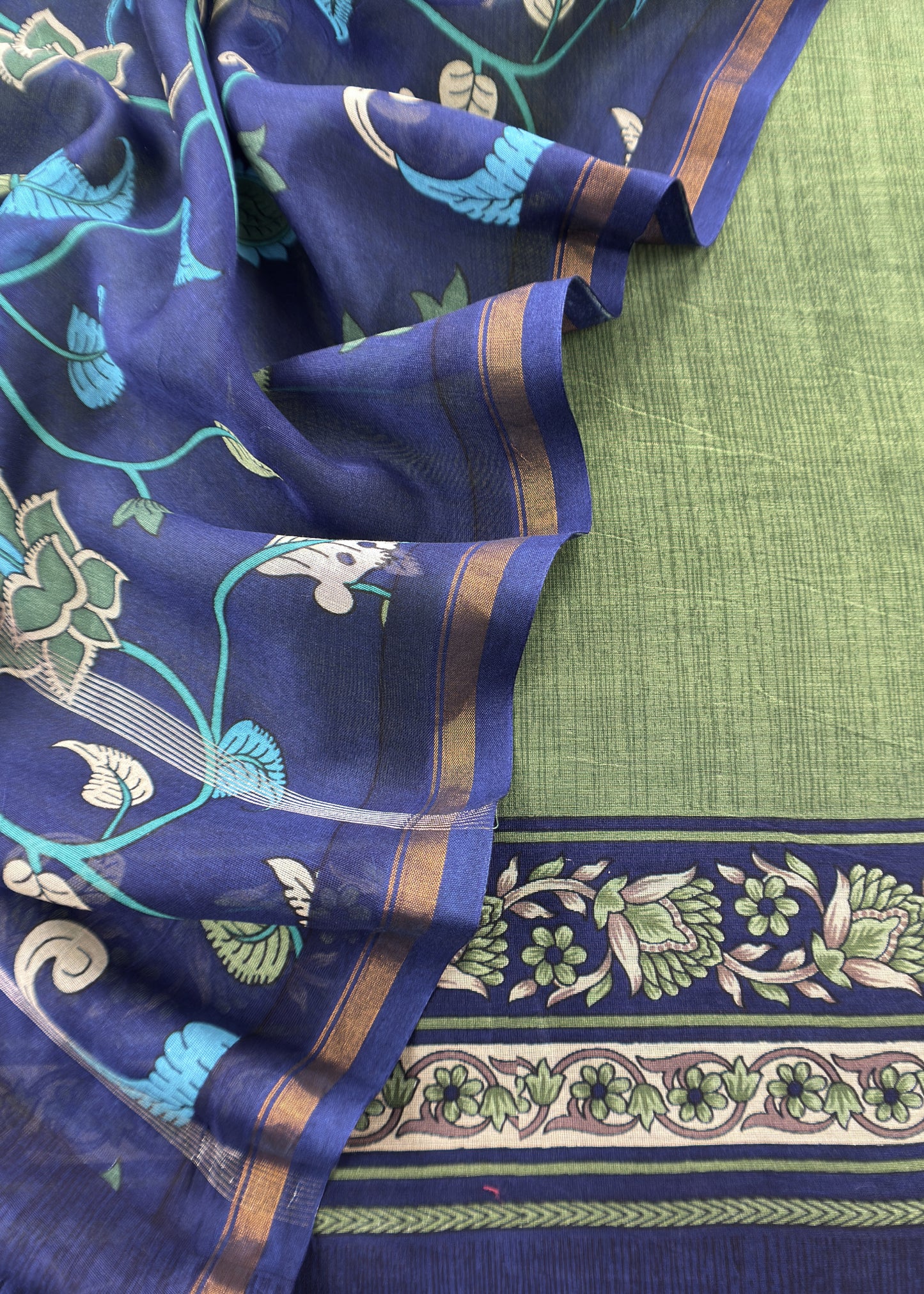Green And Blue Kalamkari Print Pure Maheshwari Silk Suit With Dupatta