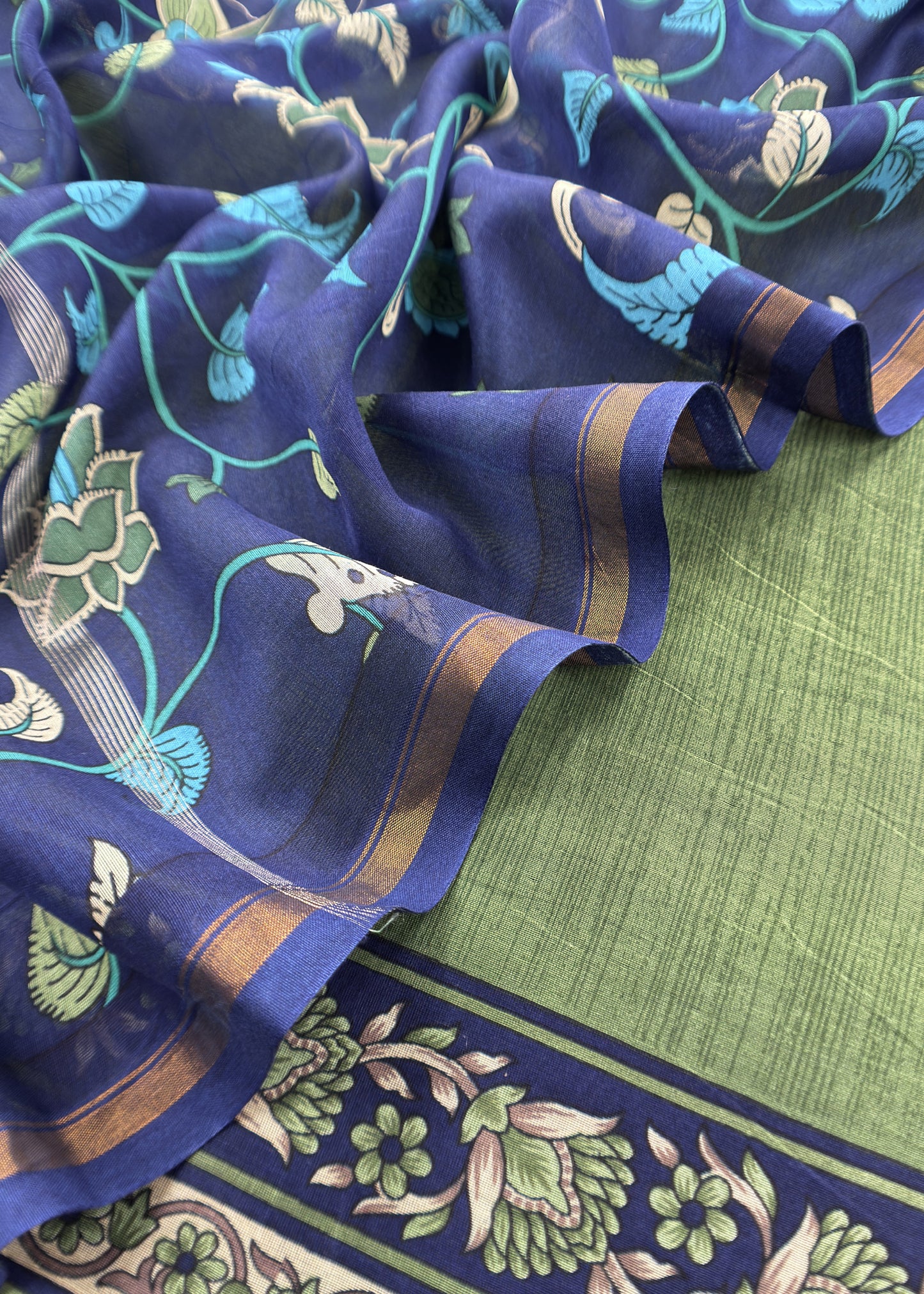 Green And Blue Kalamkari Print Pure Maheshwari Silk Suit With Dupatta