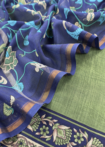 Green And Blue Kalamkari Print Pure Maheshwari Silk Suit With Dupatta