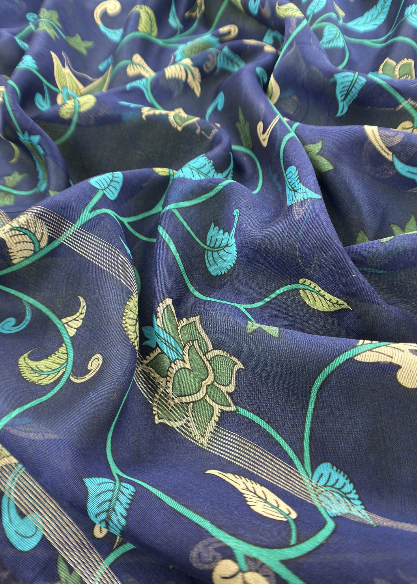 Green And Blue Kalamkari Print Pure Maheshwari Silk Suit With Dupatta