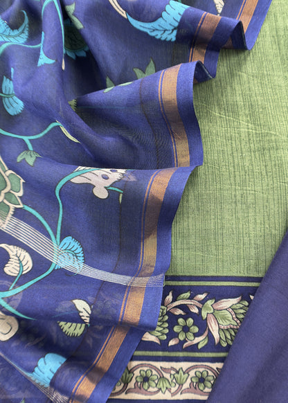 Green And Blue Kalamkari Print Pure Maheshwari Silk Suit With Dupatta