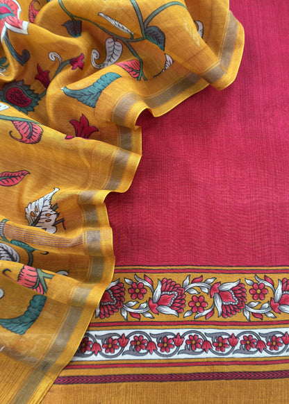 Mustard And Red  Kalamkari Print Pure Maheshwari Silk Suit With Dupatta
