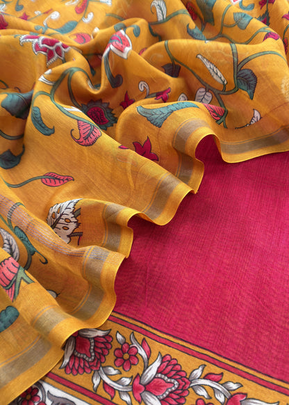 Mustard And Red  Kalamkari Print Pure Maheshwari Silk Suit With Dupatta