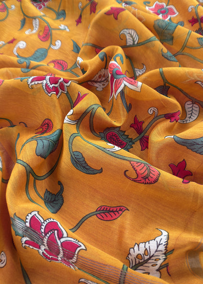 Mustard And Red  Kalamkari Print Pure Maheshwari Silk Suit With Dupatta