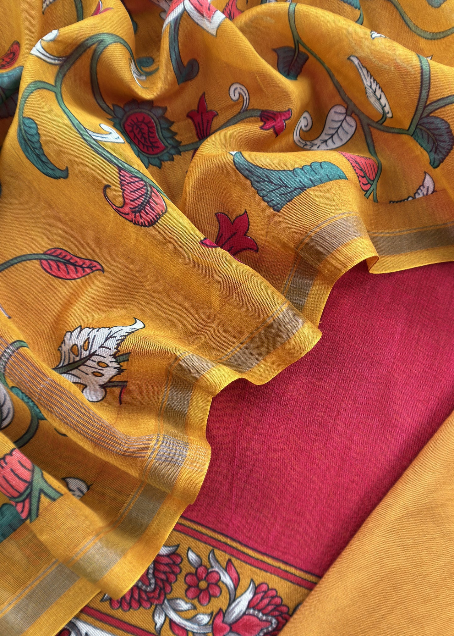 Mustard And Red  Kalamkari Print Pure Maheshwari Silk Suit With Dupatta