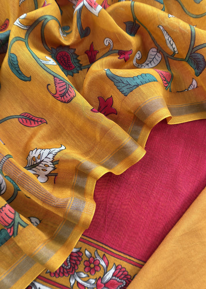 Mustard And Red  Kalamkari Print Pure Maheshwari Silk Suit With Dupatta