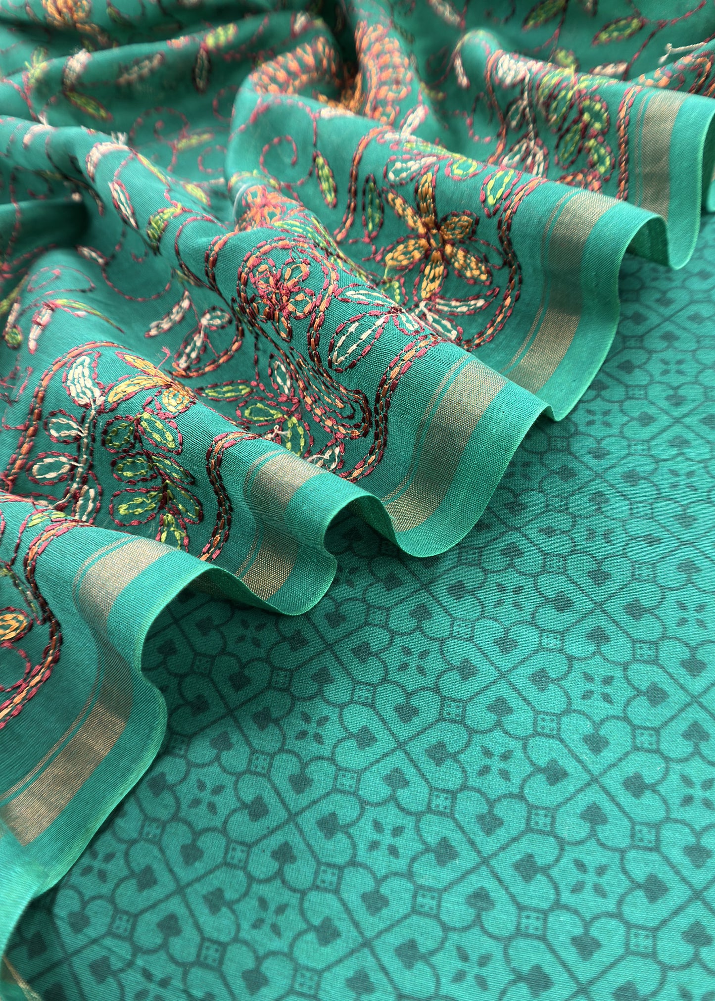 Turquoise Pure Handblock Print Maheshwari Silk Suit With Kantha Stitch Embroidery