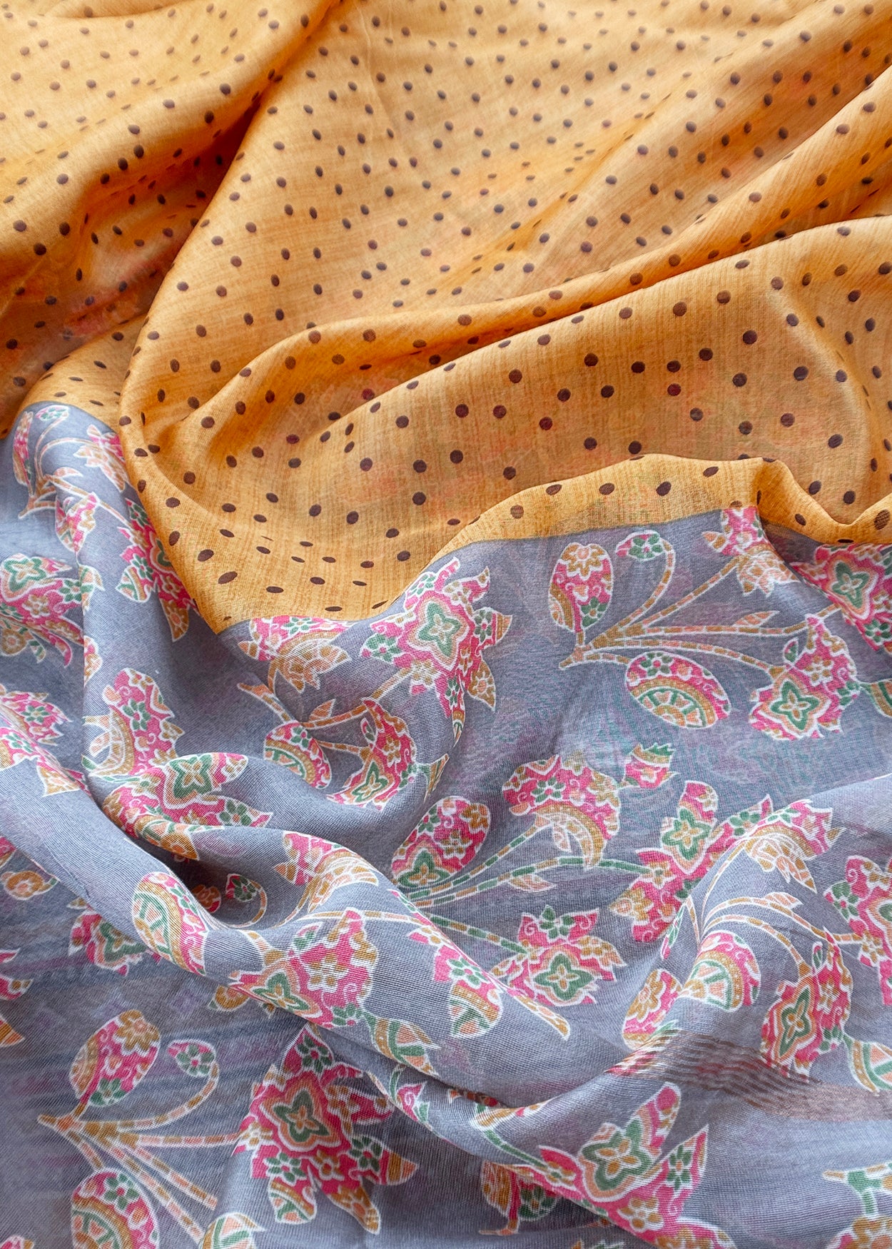 Grey Yellow Gulbahar Pure Maheshwari Silk Unstitched Suit Fabric With Jaipuri Handblock Print
