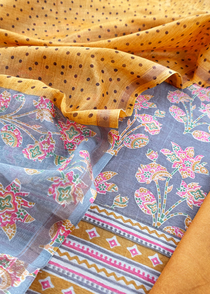 Grey Yellow Gulbahar Pure Maheshwari Silk Unstitched Suit Fabric With Jaipuri Handblock Print