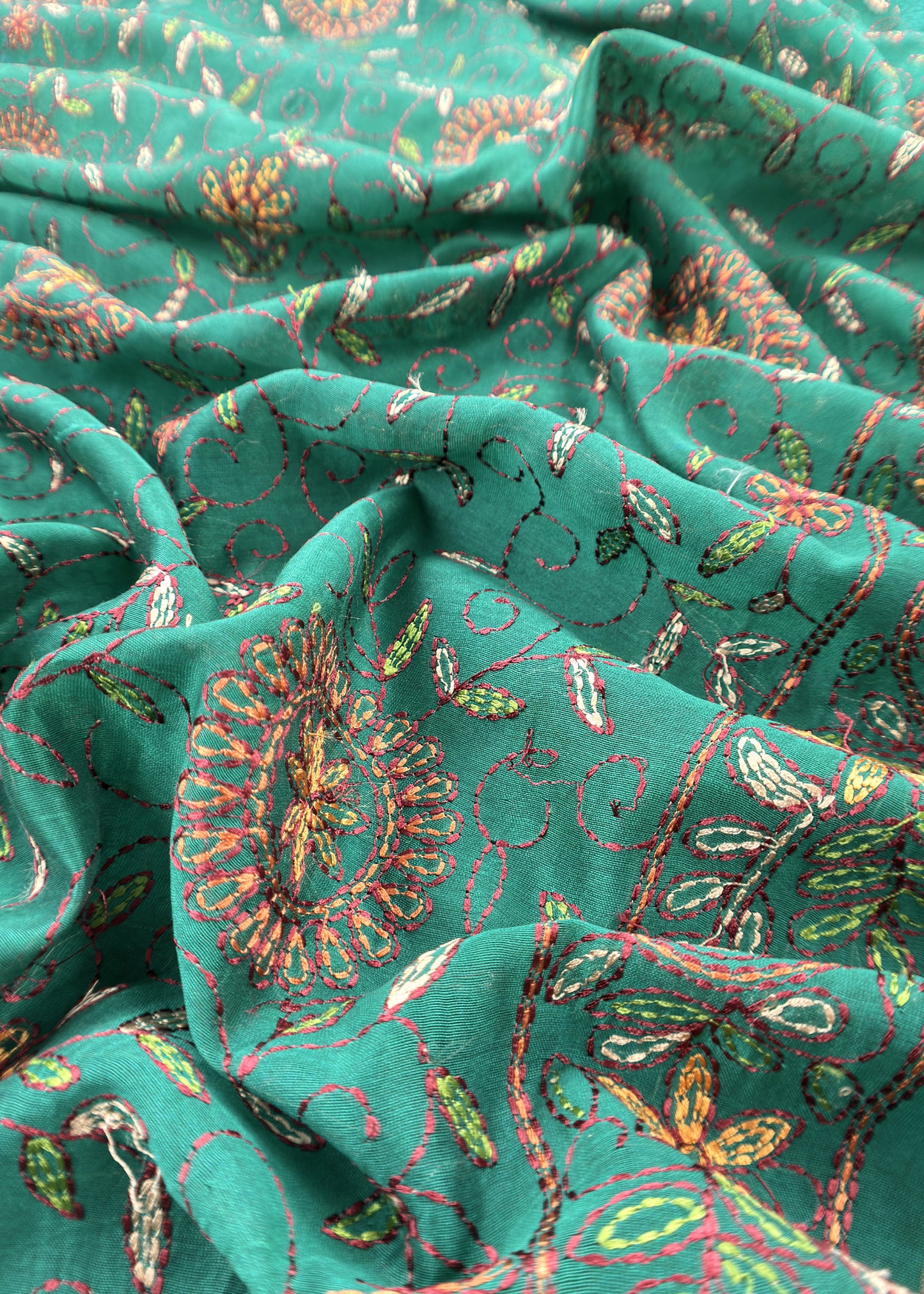 Turquoise Pure Handblock Print Maheshwari Silk Suit With Kantha Stitch Embroidery
