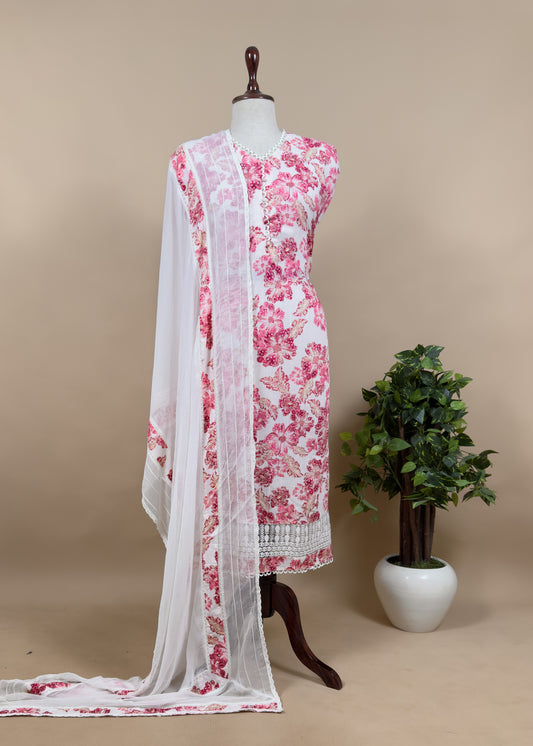 Pink Digital Print unstitched linen Cotton With Chiffon Dupatta