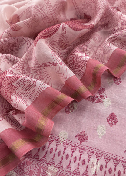 Pink Pure Maheshwari With Traditional Hand Block Print