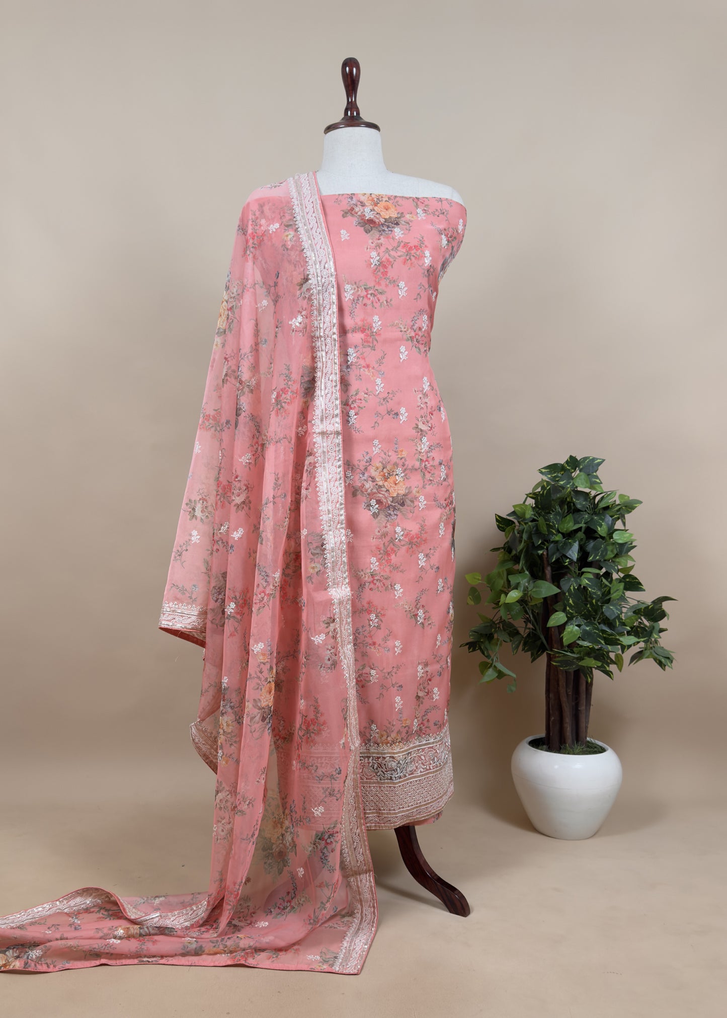 Baby Pink Floral Organza Unstitched Suit With Embroidery