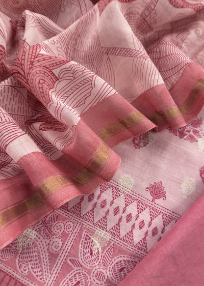 Pink Pure Maheshwari With Traditional Hand Block Print