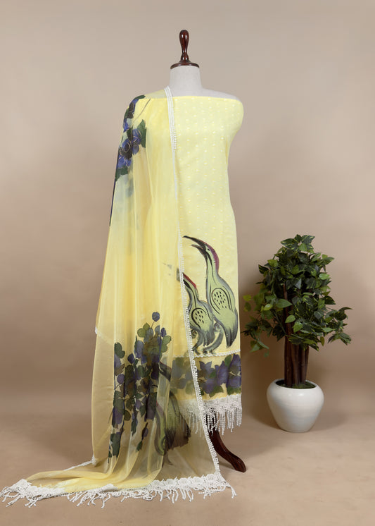 Yellow Pakistani Unstitched Suit In Mulmul Cotton With Organza Dupatta