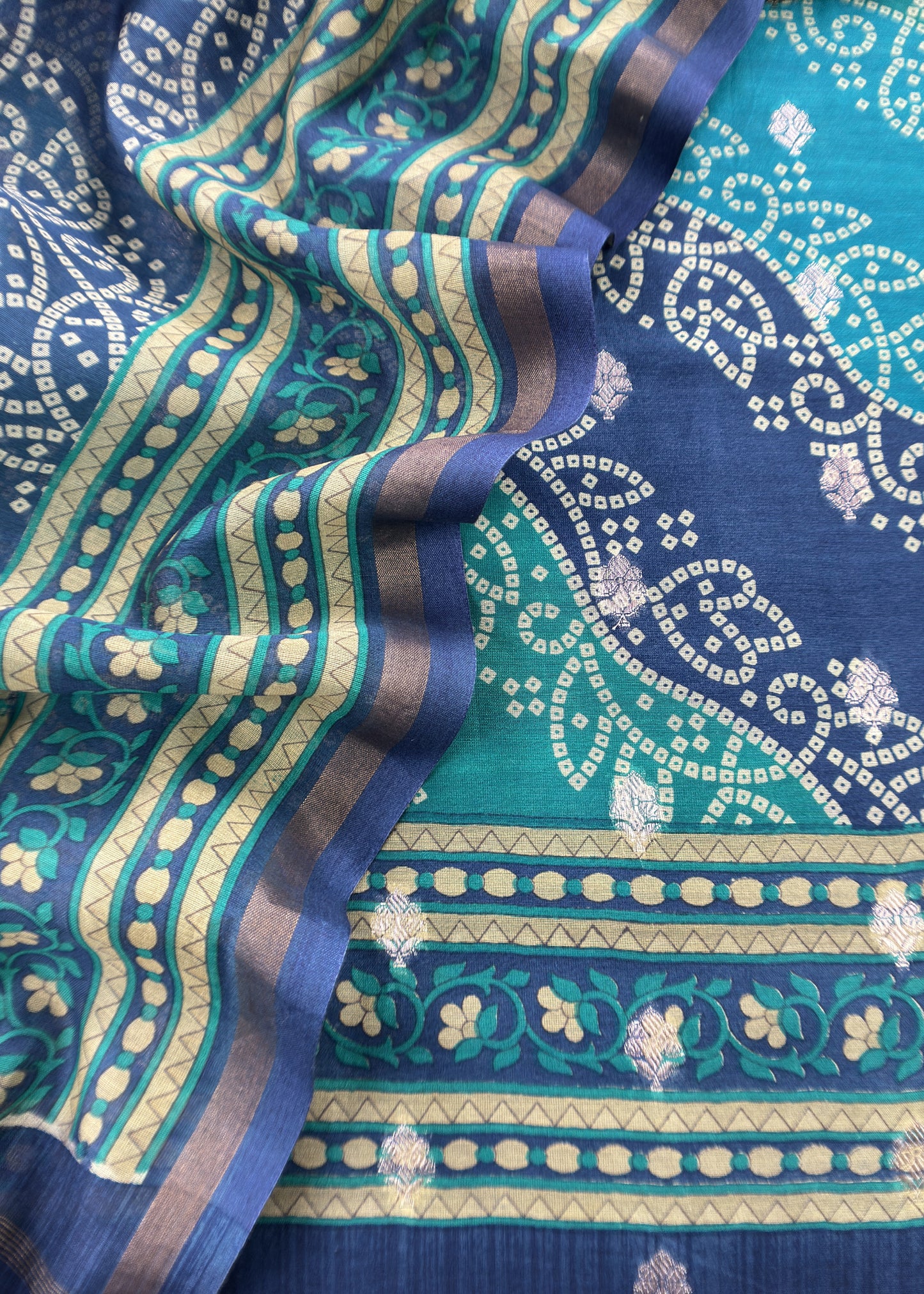 Sky And Blue Bandhani Banarsi Suit In Maheshwari Silk
