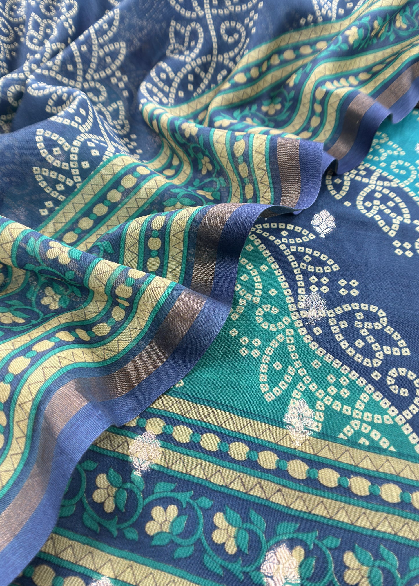 Sky And Blue Bandhani Banarsi Suit In Maheshwari Silk