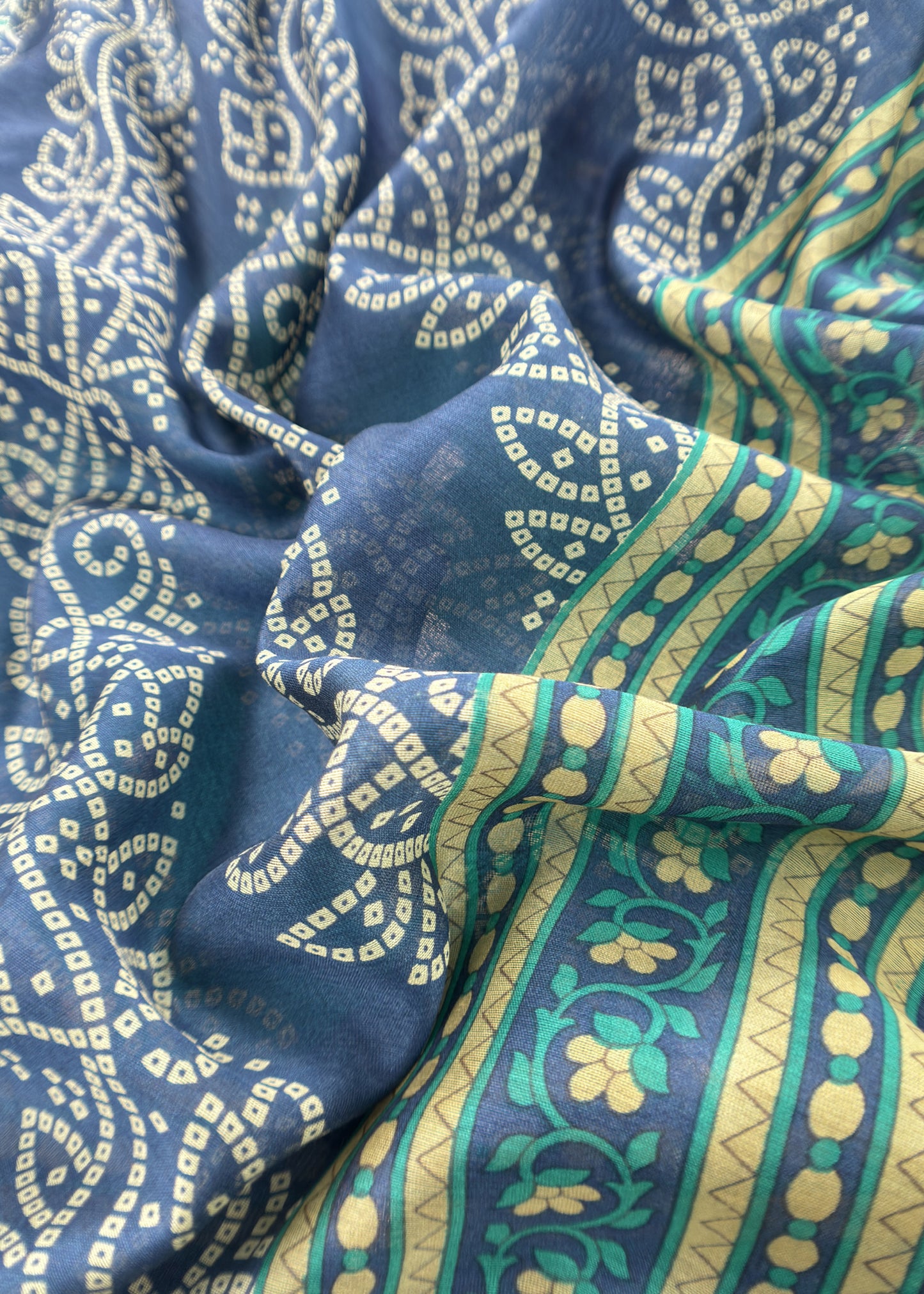 Sky And Blue Bandhani Banarsi Suit In Maheshwari Silk