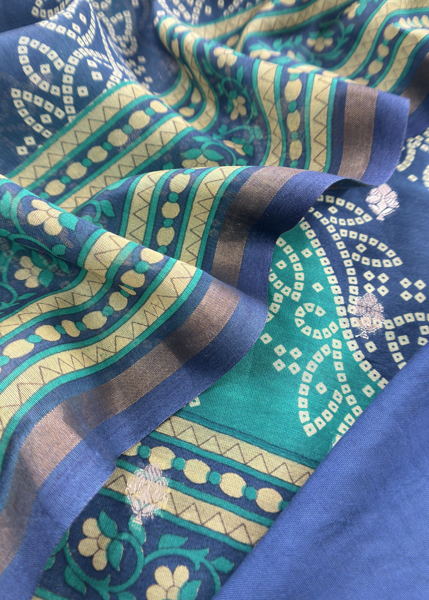 Sky And Blue Bandhani Banarsi Suit In Maheshwari Silk