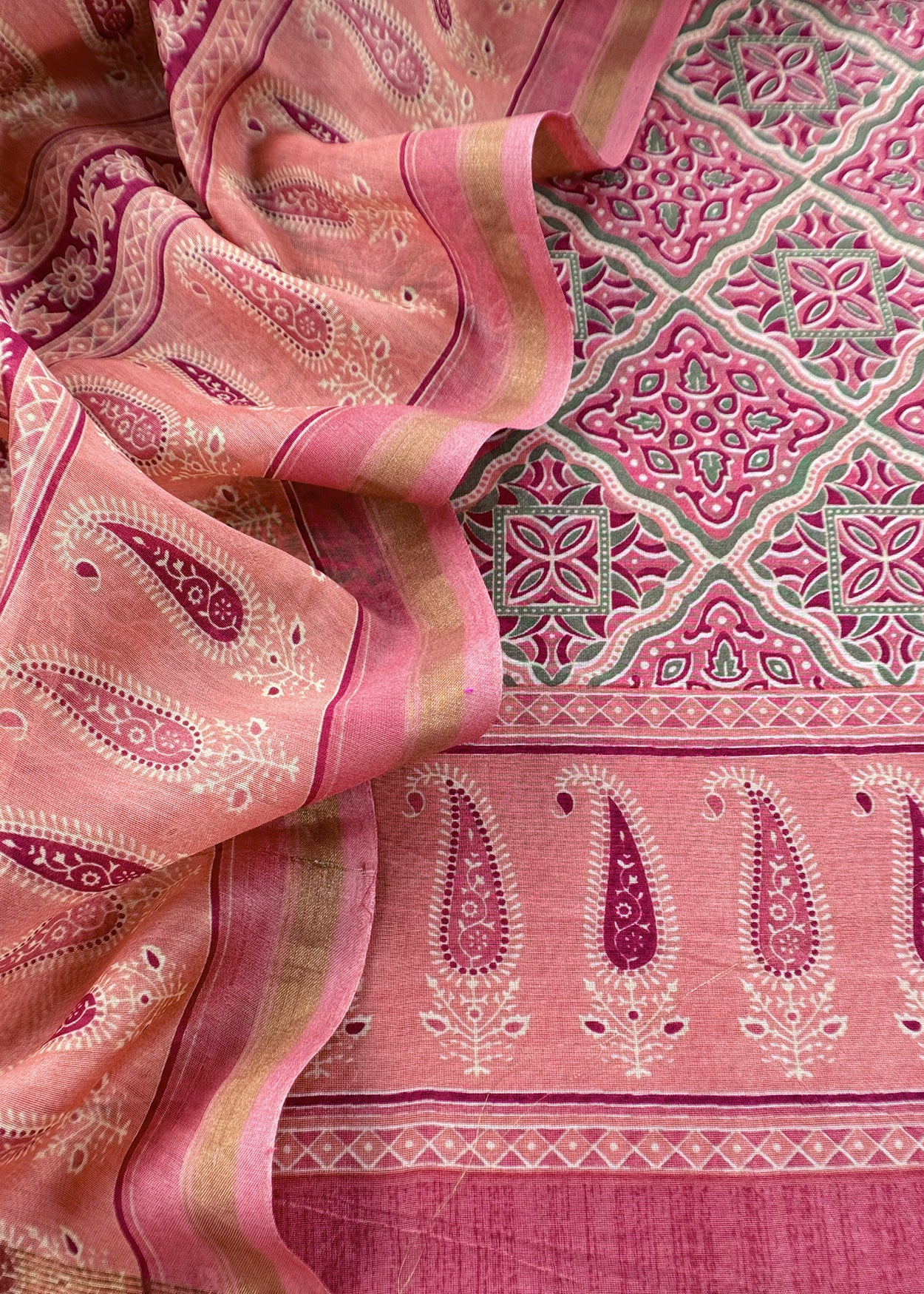 Peach Pure Maheshwari Silk Unstitched Suit Fabric With Jaipuri Ajrakh Print