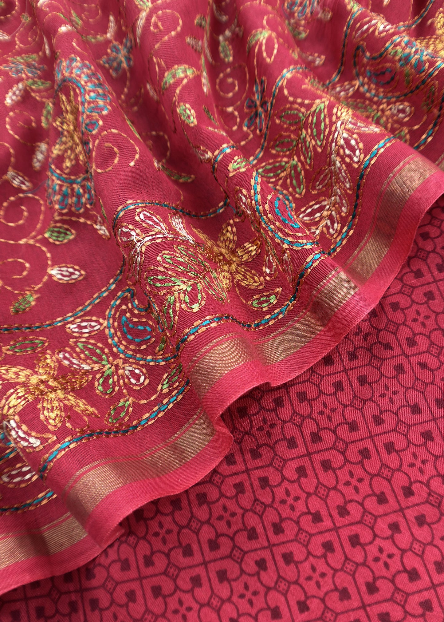 Red Pure Handblock Print Maheshwari Silk Suit With Kantha Stitch Embroidery