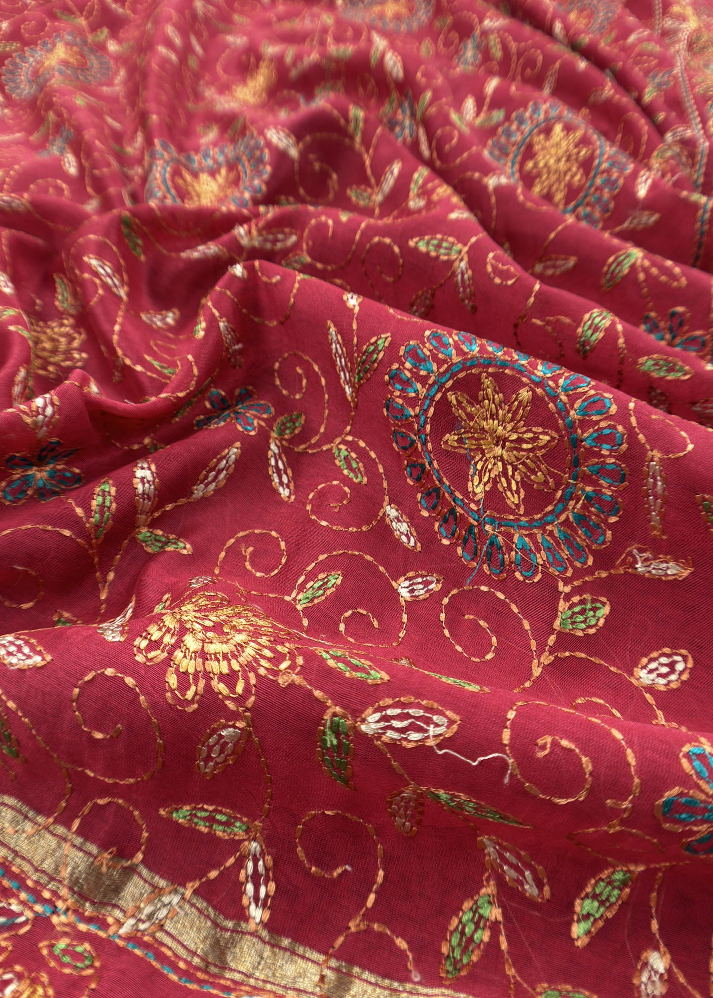 Red Pure Handblock Print Maheshwari Silk Suit With Kantha Stitch Embroidery