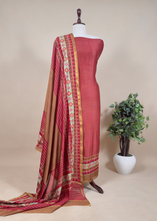 Rust Maheshwari Silk Unstitched Suit Set With Kantha Embroidery