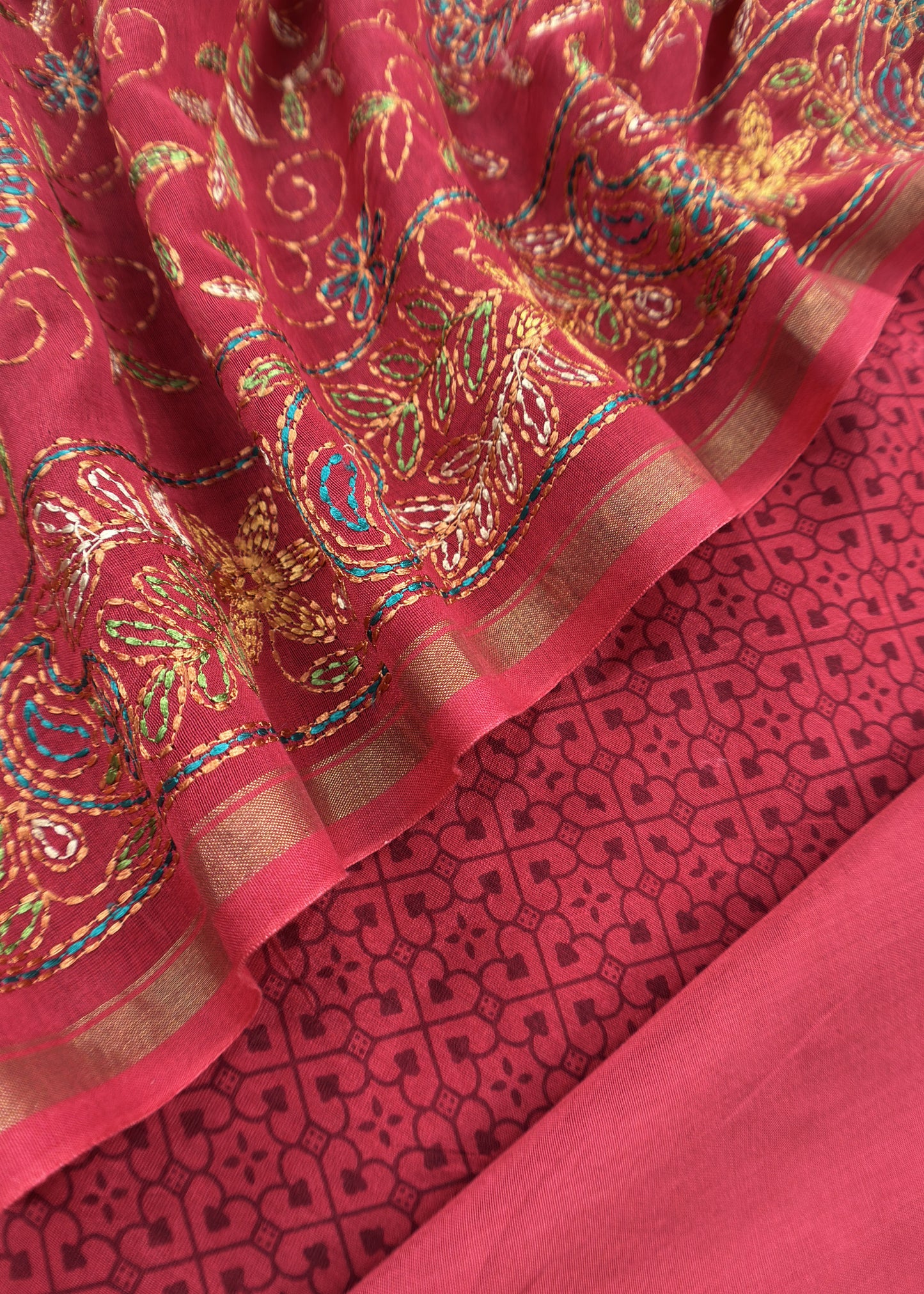 Red Pure Handblock Print Maheshwari Silk Suit With Kantha Stitch Embroidery