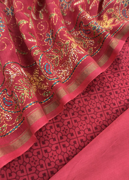 Red Pure Handblock Print Maheshwari Silk Suit With Kantha Stitch Embroidery