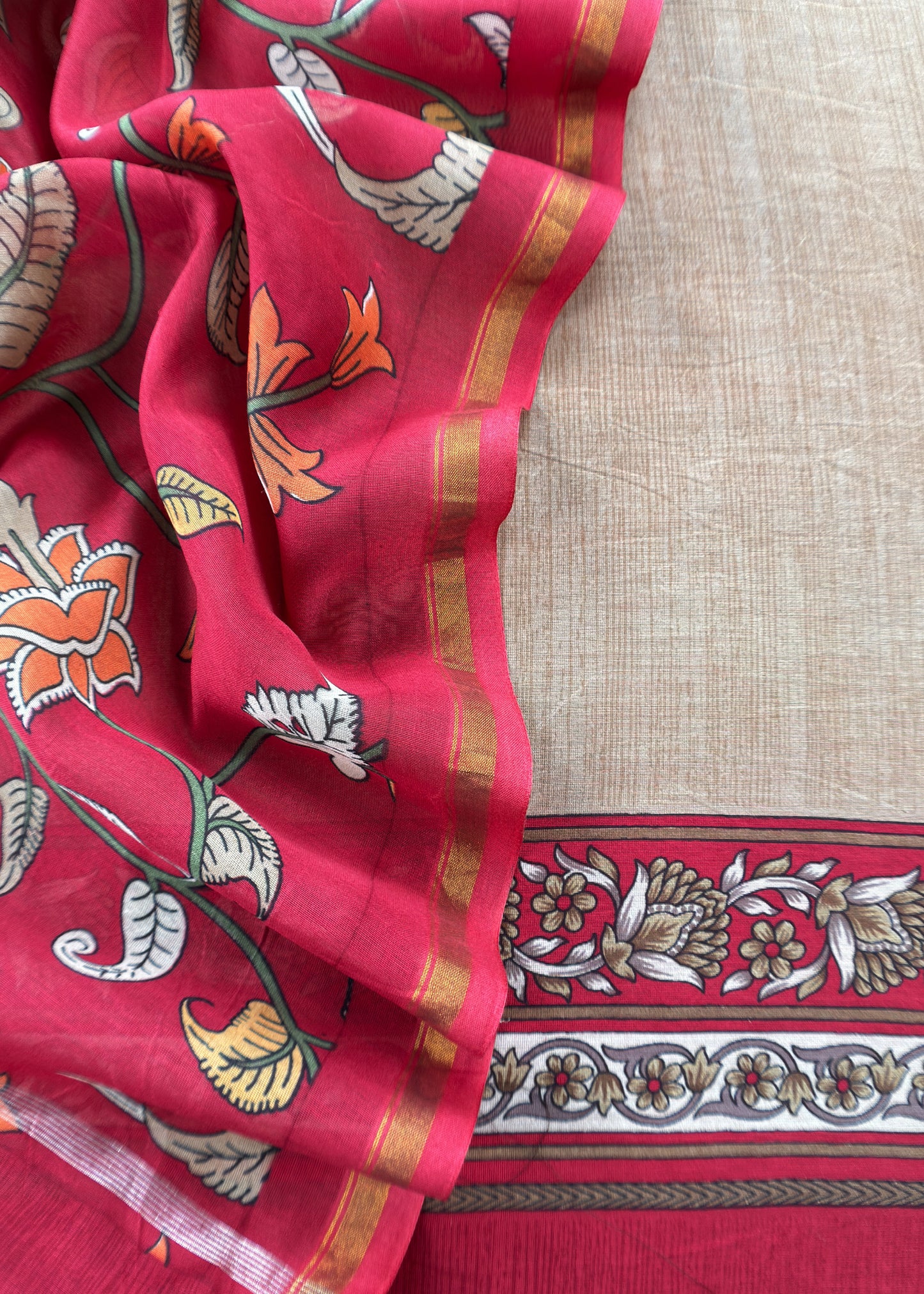 Red And Beige Kalamkari Print Pure Maheshwari Silk Suit With Dupatta