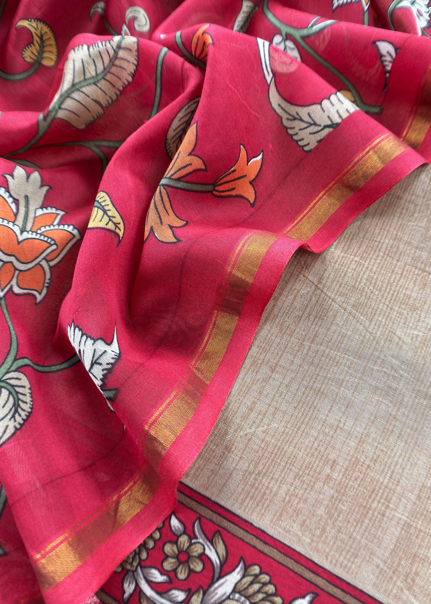 Red And Beige Kalamkari Print Pure Maheshwari Silk Suit With Dupatta