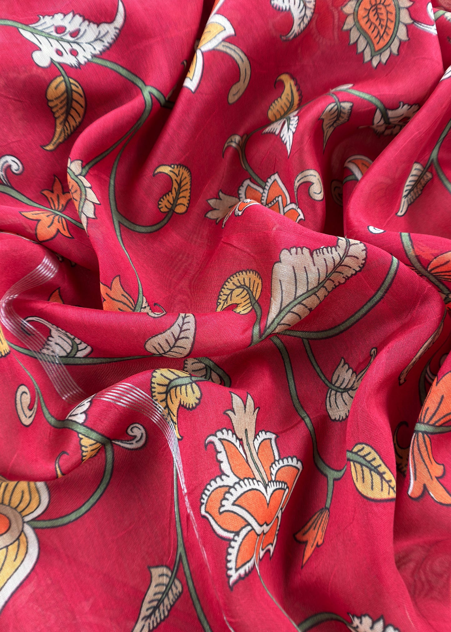 Red And Beige Kalamkari Print Pure Maheshwari Silk Suit With Dupatta