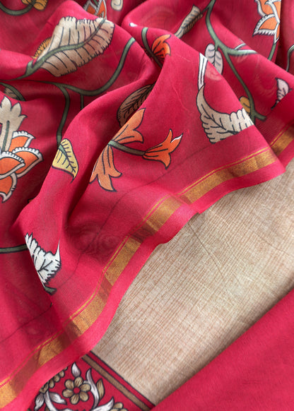 Red And Beige Kalamkari Print Pure Maheshwari Silk Suit With Dupatta