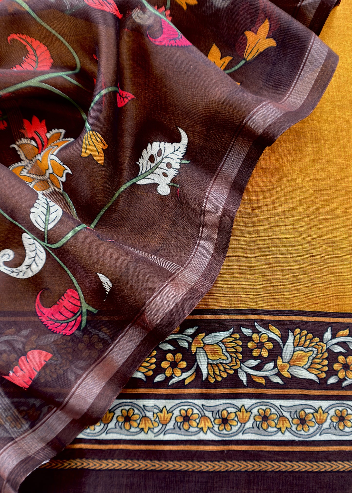 Caramel And Brown Kalamkari Print Pure Maheshwari Silk Suit With Dupatta
