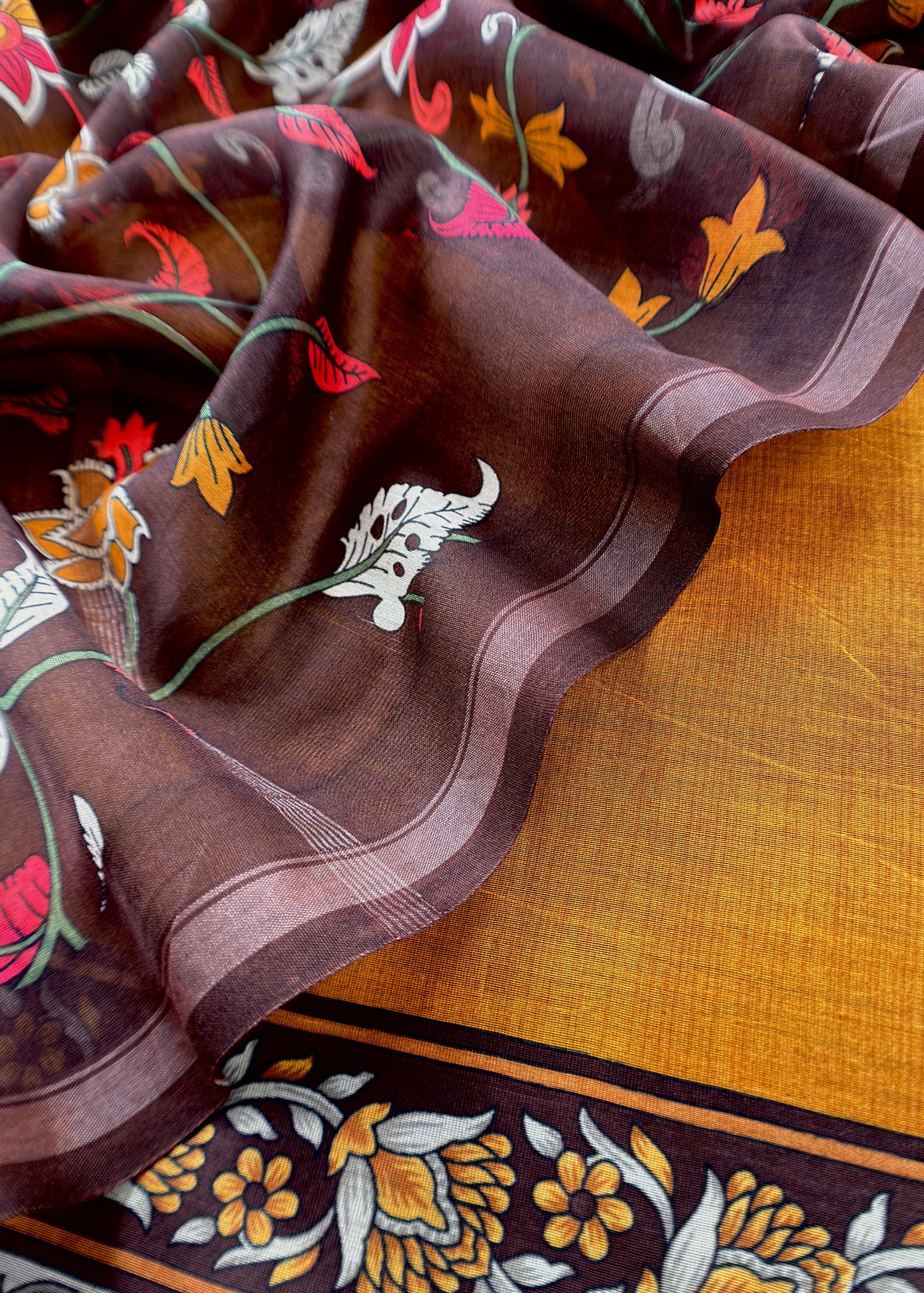 Caramel And Brown Kalamkari Print Pure Maheshwari Silk Suit With Dupatta