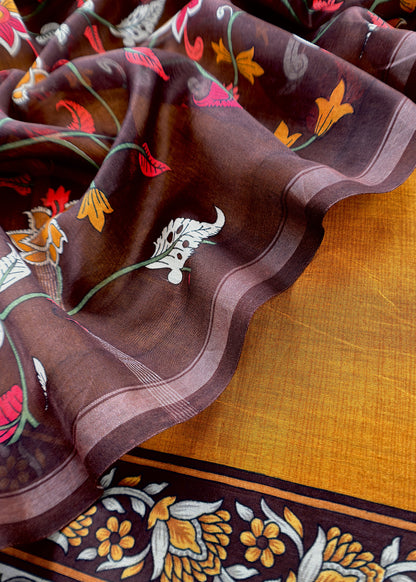 Caramel And Brown Kalamkari Print Pure Maheshwari Silk Suit With Dupatta