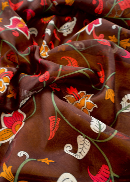 Caramel And Brown Kalamkari Print Pure Maheshwari Silk Suit With Dupatta