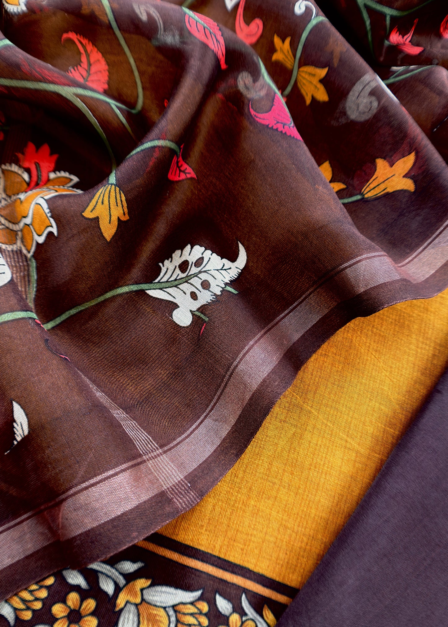 Caramel And Brown Kalamkari Print Pure Maheshwari Silk Suit With Dupatta