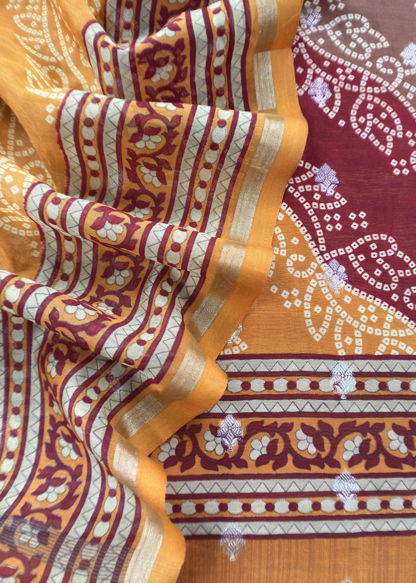 Yellow Pure Maheshwari Silk Suit With Banarasi Bootis